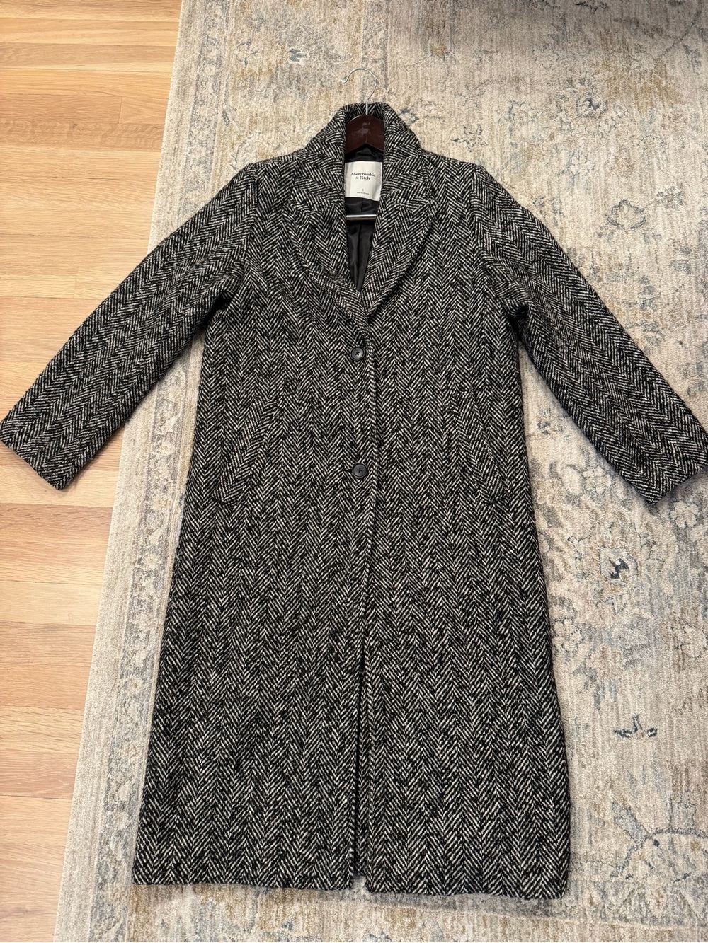 Abercrombie & Fitch Black and White Herringbone Wool Blend Long Trench Coat